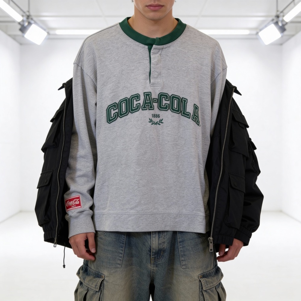 PacSun Coca-Cola Vintage Look Henley Tee Gray Green Retro Streetwear Size S